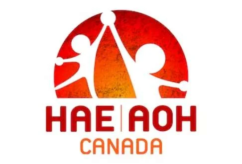 HAE Canada logo featuring two human figures holding a circular object against a red and orange gradient background.