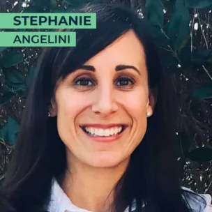 A woman with dark hair smiling in front of a leafy background. The name "Stephanie Angelini" is displayed in the top left corner.